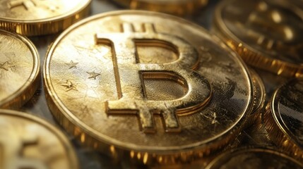 Close-Up of Gleaming Bitcoin Coins Signifying the Rise of Cryptocurrency in the Modern Financial Landscape