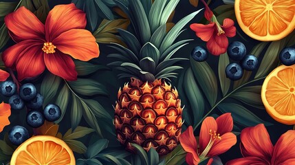 Obraz premium A colorful floral arrangement featuring pineapple and other fruits