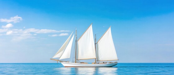 Naklejka premium Classic Sailboat Gracefully Sailing on a Calm Ocean Under a Bright Blue Sky