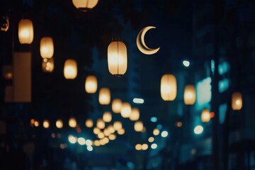 Fototapeta premium Soft Glow of Lanterns in Night Sky with Moon and City Lights