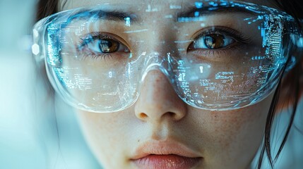 Close-up of a woman wearing futuristic glasses displaying digital data.