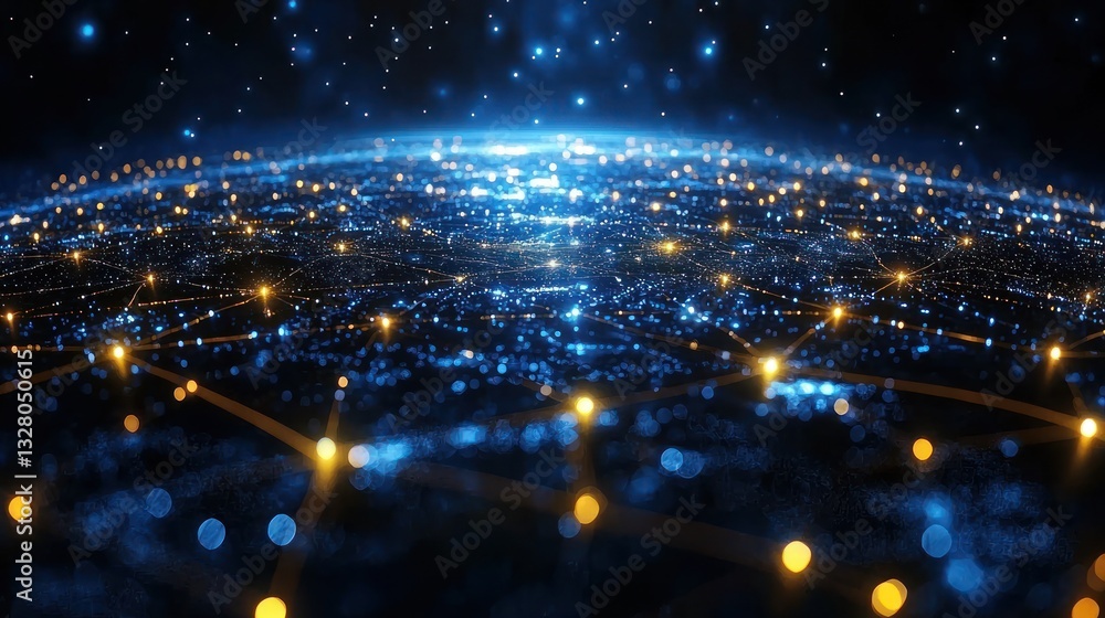 Aufkleber global network connection, illuminated nodes and lines on a dark blue planet.