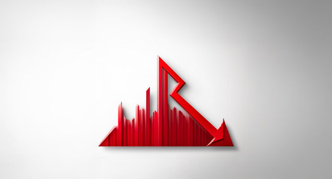 Abstract graphic displays a bold red arrow pointing downwards, accompanied by vertical lines beneath, set against a clean white backdrop.