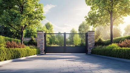 Fototapeta premium Elegant Gateway Surrounded by Lush Greenery and Beautiful Landscaping in a Sunny Daylight Setting