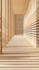 Fototapeta premium Minimalist Architectural Interior with Soft Light and Wooden Textures Creating Dynamic Shadow Patterns
