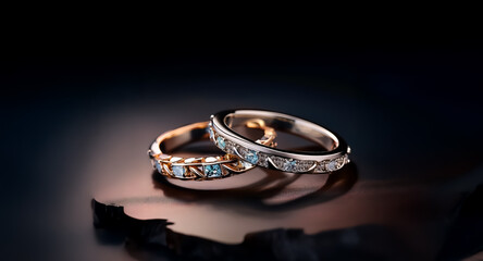 Elegant rings shimmer on a dark surface.  One ring is gold, the other silver, both adorned with small, light blue gemstones in a decorative setting.  Jewelry for special occasions.