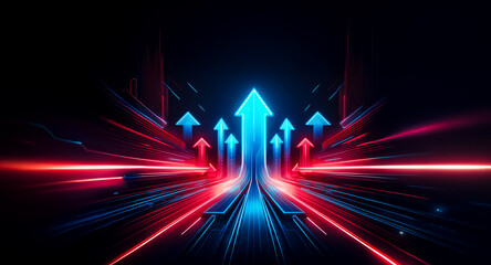 Dynamic blue arrows ascend with vibrant red and blue light trails on a dark background, symbolizing advancement and upward trajectory.
