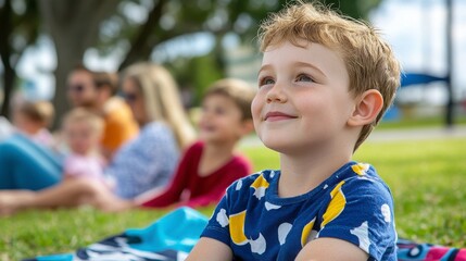 Young Boy Smiling in Outdoor Setting with Family and Friends Nearby