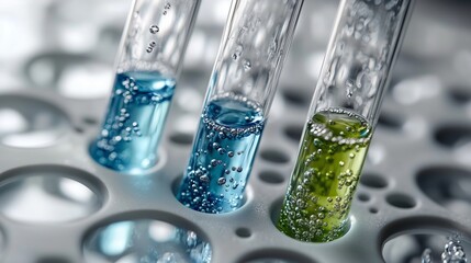 Test Tubes with Bubbling Green and Blue Liquids