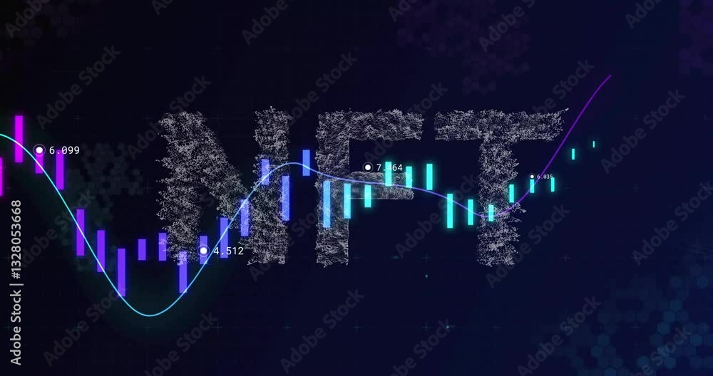 Poster financial chart with nft text and data visualization elements in animation style