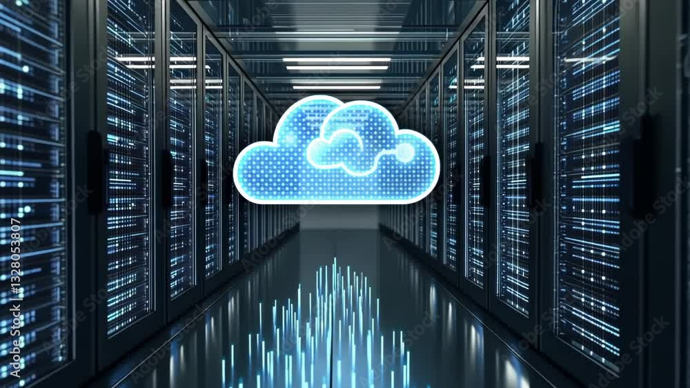 Poster explore data storage innovation with cloud technology in a sleek server environment generative ai