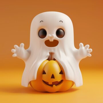 A cute ghost sits on a jack-o'-lantern. AI.