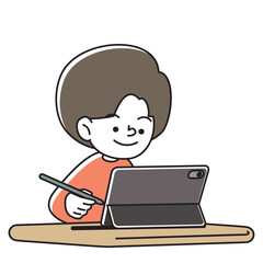 タブレット端末とタッチペンで学習をする笑顔の子供のベクターイラスト