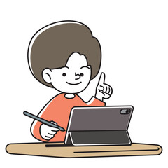 タブレット端末とタッチペンで学習をする笑顔の子供のベクターイラスト