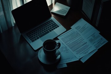 Fototapeta premium Workspace with Laptop, Coffee, and Documents in Soft Light