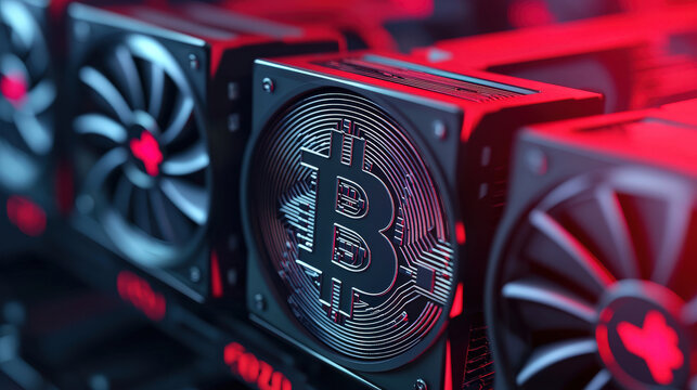 Close up of a Bitcoin mining rig featuring powerful GPU processors with cooling fans, illuminated by red and blue lighting in a mining setup