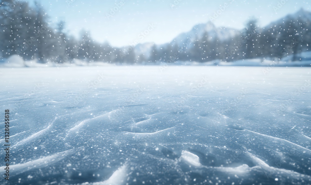 Poster snowy landscape with a frozen lake and distant mountains, creating a serene winter atmosphere.