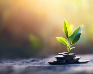 financial growth and investment illustration with growing plant over a stack of coins in soft, warm lighting 