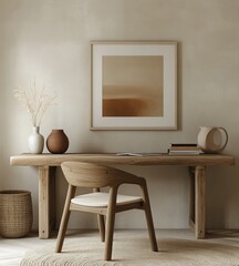 Minimalist home office with wooden desk, chair, and artwork.