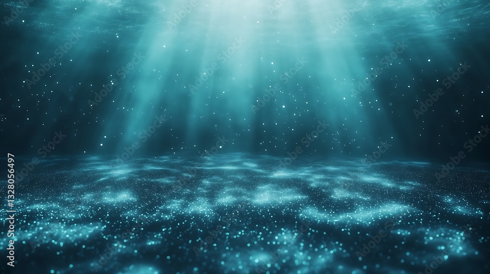 Poster underwater scene illuminated by rays of light, creating a tranquil atmosphere with particles floatin