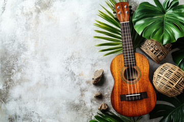 Ukulele surrounded by tropical foliage and natural elements