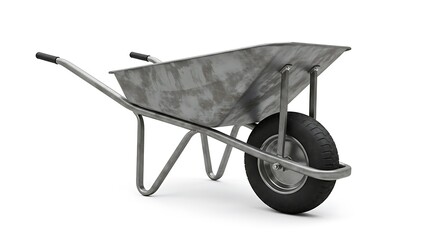 Isolated Metal Wheelbarrow with Tire on White Background Studio Shot