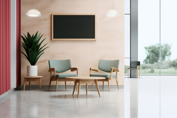 A modern medical clinic reception with light wood paneling, white walls and ceiling, a large circular desk in the center of the room with chairs around it for waiting patients.