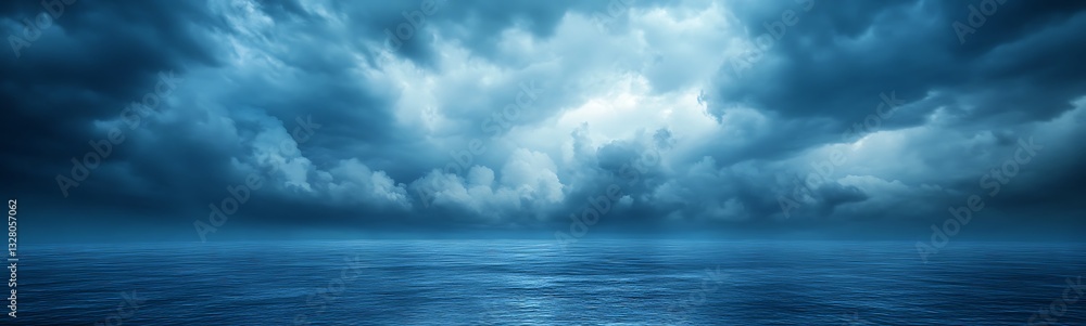 Poster dark storm clouds loom over a serene ocean, creating a dramatic and moody atmosphere.