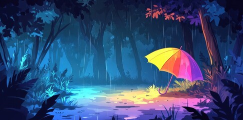 A colorful umbrella sits in the rainy and vibrant forest scene