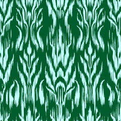 Seamless ikat pattern inspired by Uzbek traditional ornaments. Vibrant tribal textile design with geometric zigzag lines, perfect for wallpaper, fabrics, ethnic decor, and fashion prints.