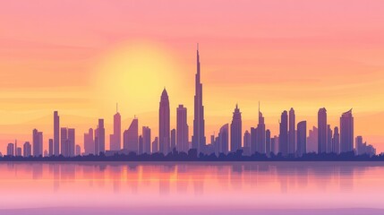 Obraz premium Dubai Skyline at Sunset: A Stunning Panoramic View of the City's Iconic Buildings Reflected in Calm Waters