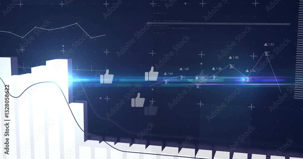 Poster animation of thumbs-up icons on graph and bar chart in digital data visualization