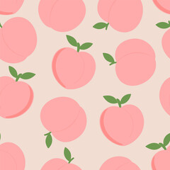 Seamless pattern of peach fruit with green leaf on a light pastel background in a flat and minimalist design style for textiles and wallpapers