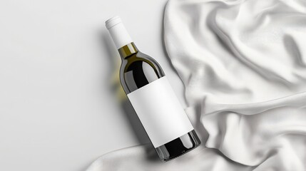 Elegant wine bottle mockup with a blank label rests on a luxurious, soft, gray silk fabric.  Perfect for your branding needs!