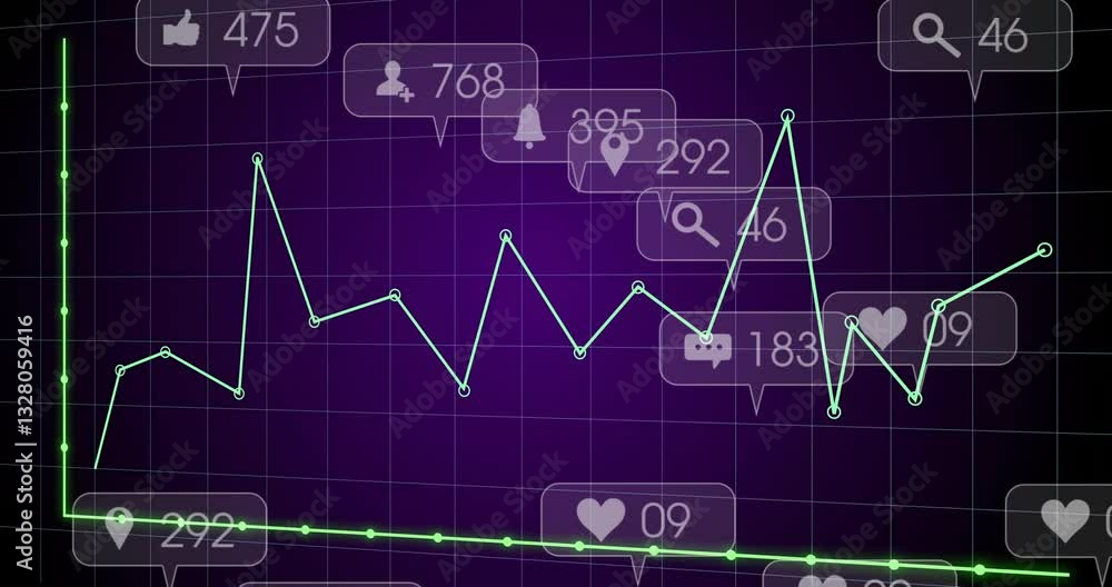 Poster line chart fluctuating with social media notification icons in animation style
