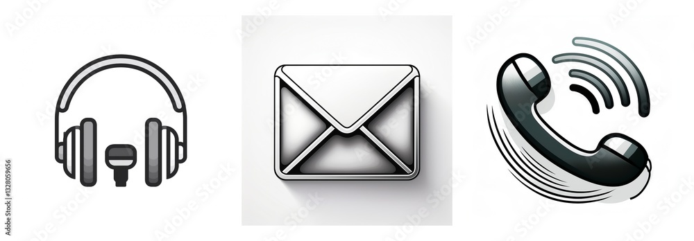 Poster three communication icons are displayed. a headset with microphone, an envelope, and a ringing phone
