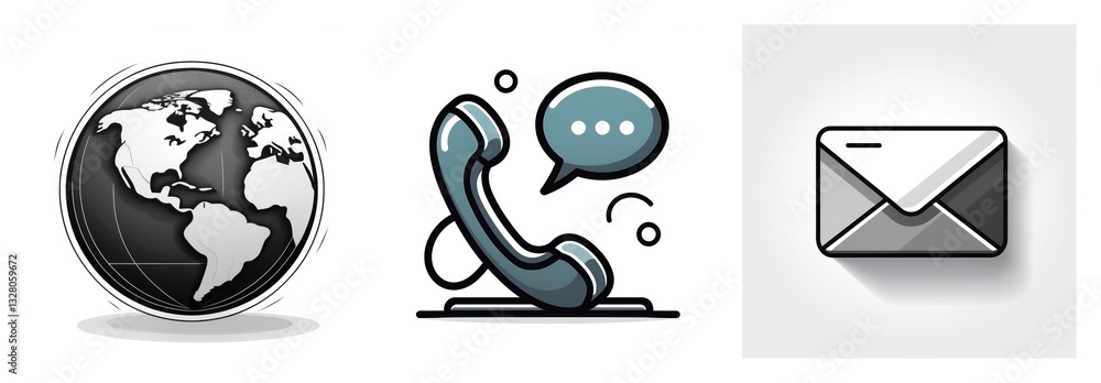 Poster three communication icons depict internet access via a globe, phone call with a handset, and email r