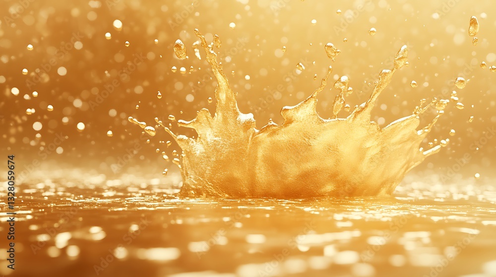 Poster golden droplets create a splash in a shimmering liquid backdrop, evoking a sense of tranquility and 