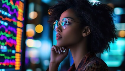 Focused young woman analyzing financial data with colorful stock market charts on screens reflecting in her glasses