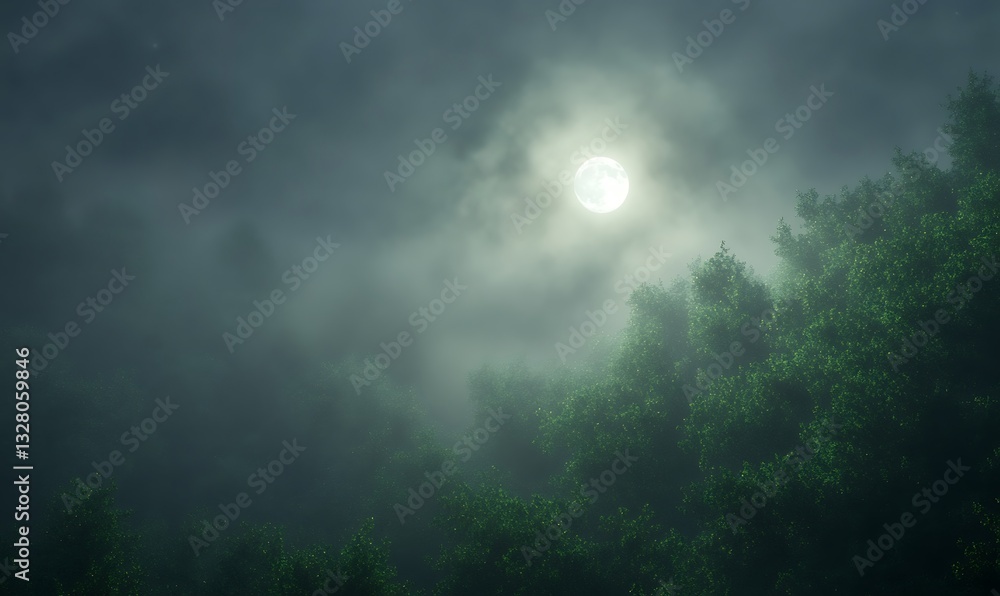 Poster misty night with a bright moon illuminating lush trees in a serene atmosphere.