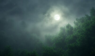 Fototapeta premium Misty night with a bright moon illuminating lush trees in a serene atmosphere.