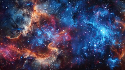 Naklejka premium Vivid cosmic nebula with swirling colors of blue, orange, and red, creating a mesmerizing portrayal of the universe.