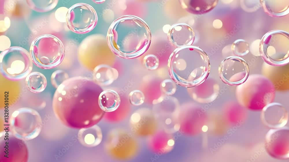 Aufkleber colors intertwine as translucent bubbles float in a serene pastel ambiance, creating a dreamlike atm