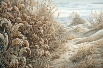 beautiful landscape with hills and feather grass., watercolor style, Generative AI