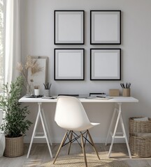 Minimalist home office workspace with four blank frames, white desk, chair, and plants.