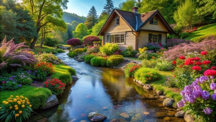 A tranquil house sits beside a gentle stream, with lush greenery and vibrant flowers surrounding it, creating a sense of harmony and balance within nature , nature's beauty, harmony