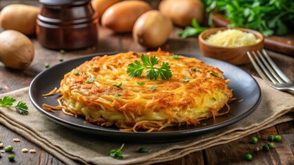 Cheesy potato rosti with crispy golden edges on a plate at a restaurant, surrounded by utensils and garnishes , plate dish, breakfast dish