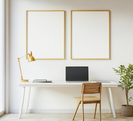 Fototapeta premium Minimalist home office workspace with two blank frames, laptop, desk, chair, and plant.