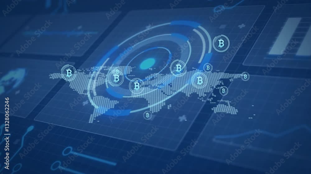 Poster bitcoin symbols and digital world map with data processing animation