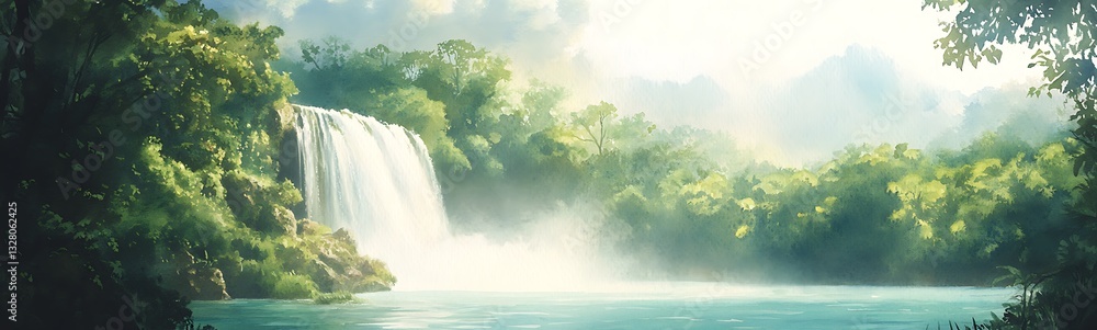 Aufkleber a serene waterfall cascading into a tranquil pool surrounded by lush greenery.